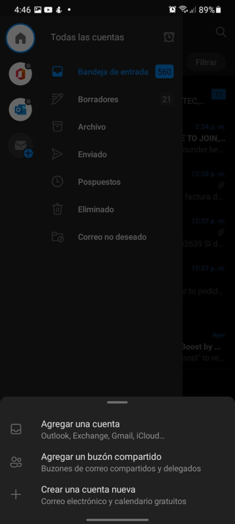 pantalla outlook 2 celular