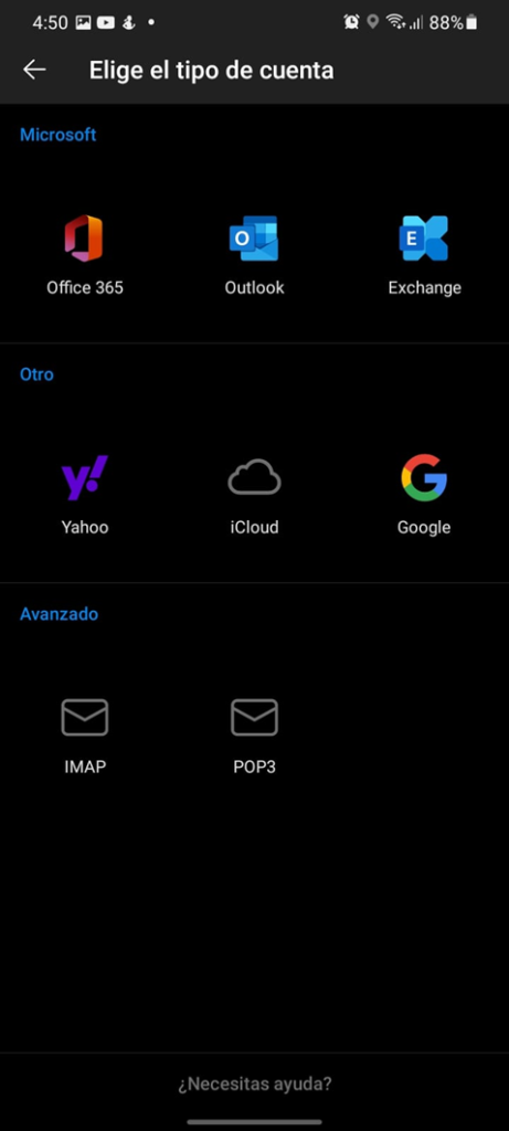 tipo de cuenta outlook celular